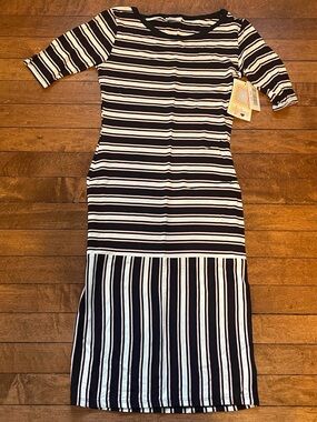 LuLaRoe Julia Dress XXS Striped Midi Stretch Casual Summer blue pink white